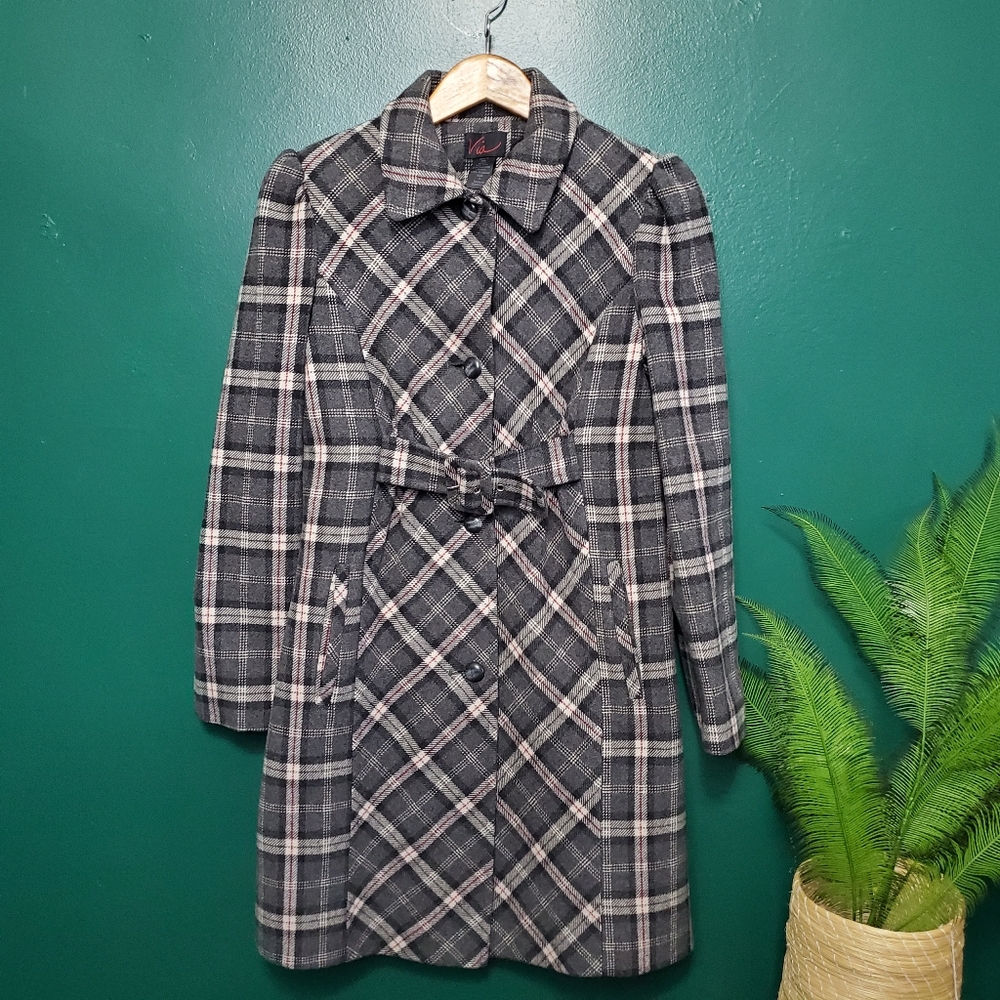 Via Puffy Sleeves Belt Plaid  Wool Coat Grey Sz 4